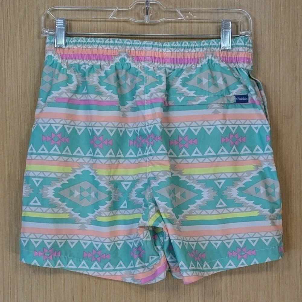 Chubbies Mens Teal Aztec Geometric Print Swim Trunks Medium 5.5 Inch Inseam